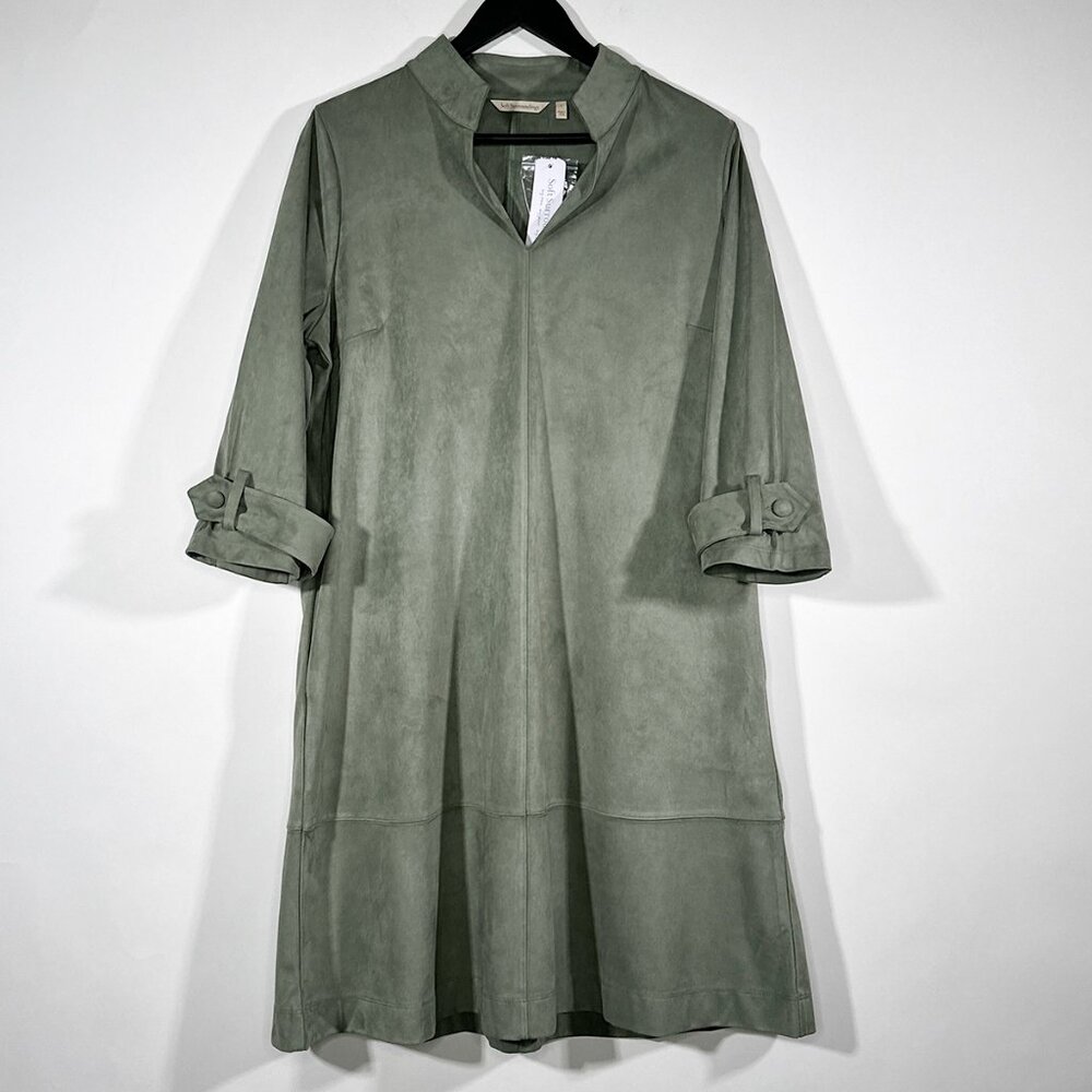 Soft Surroundings Rani Faux Suede Dress Agave Green Collard Split V Neck Size‎ L